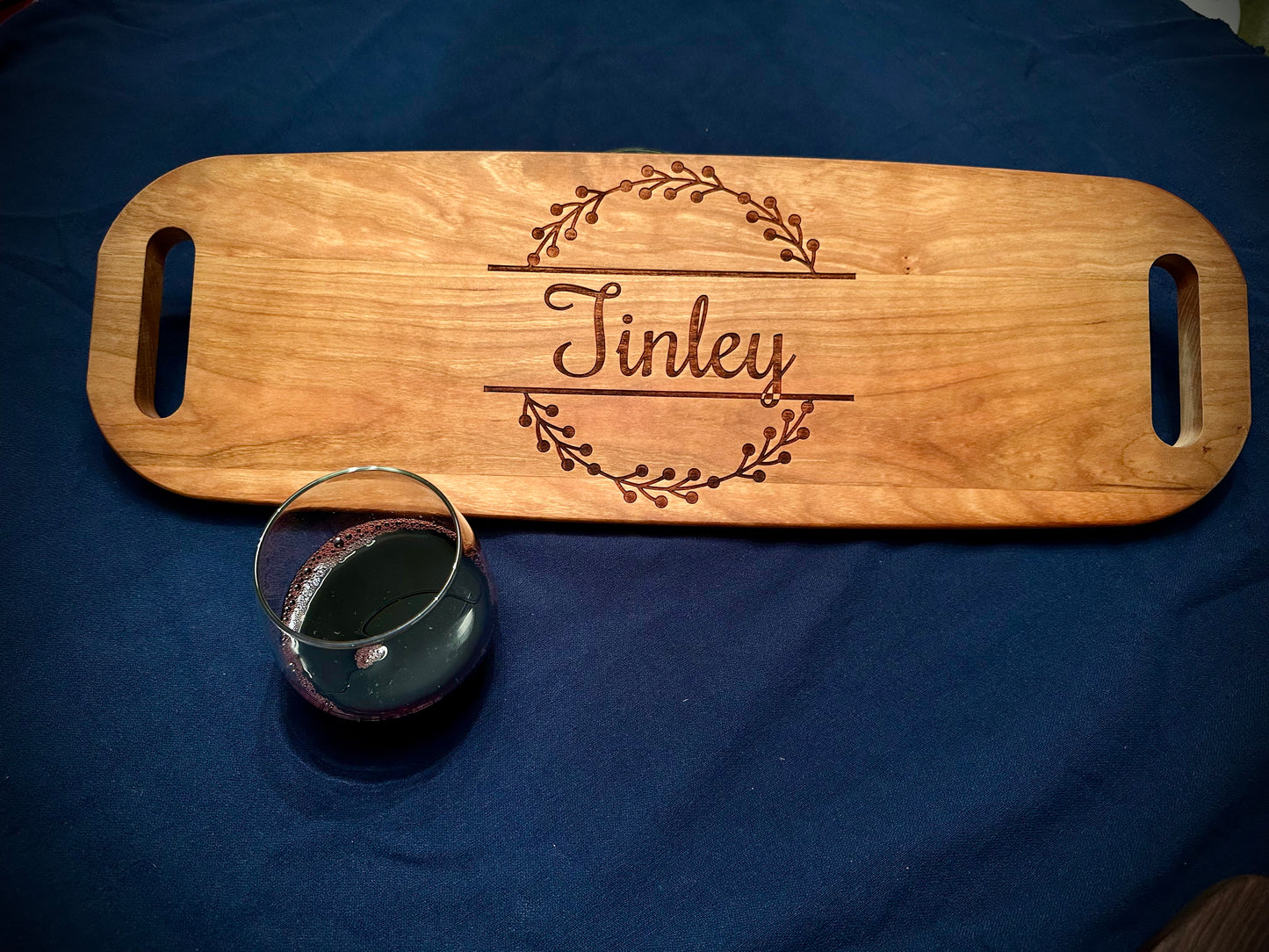 Customized/engraved (23in x 7 1/2in) cherry hardwood charcuterie board with handles