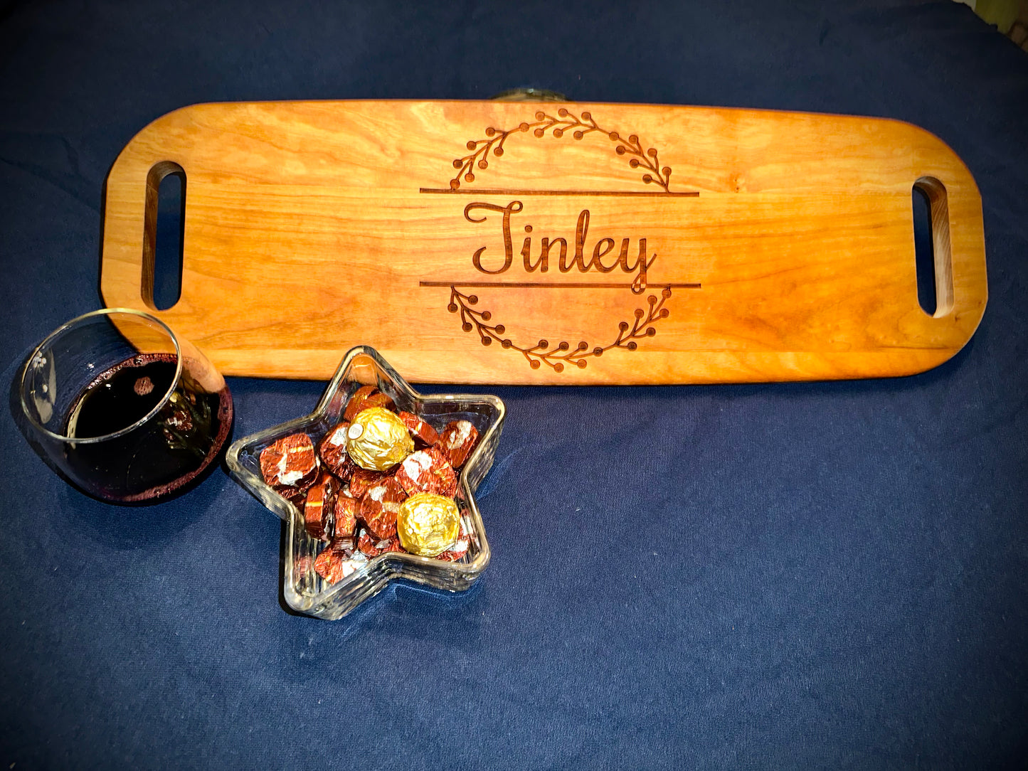 Customized/engraved (23in x 7 1/2in) cherry hardwood charcuterie board with handles